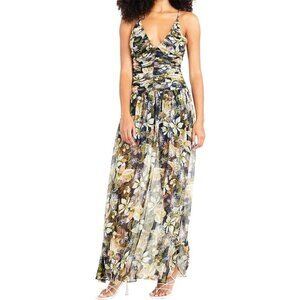 Tanya Taylor Dress Women 00 Black Floral Print Linen Silk Ruched Lovette‎ Maxi